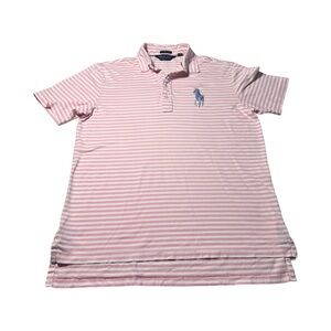 Polo Golf Mens Large White Pink Striped Big Purple Pony‎ Polo Shirt